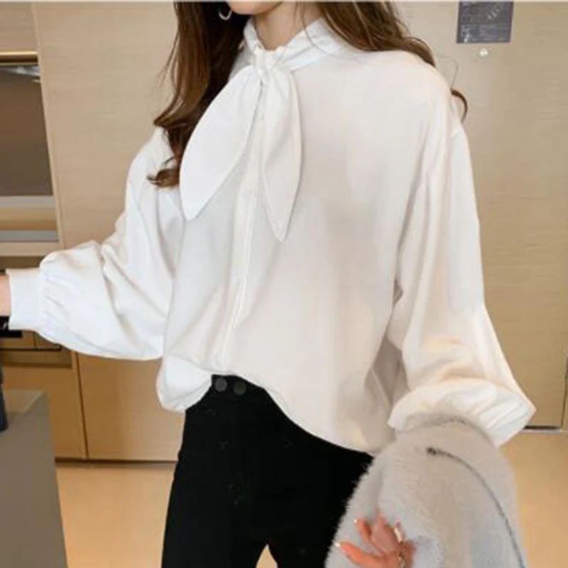 

Women Large Size Solid Color Long-sleeve Blouse With Bow retro classic white red bowknot collar lantern sleeved white red Tops