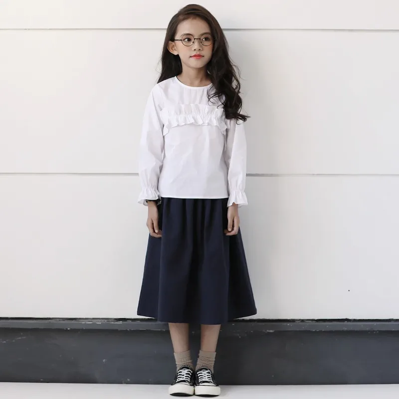 

New 2019 Summer Children Clothing Sets Girls Cotton 2 Pcs White Petal Sleeve Ruffles Blouse & Mid Waist Skirts Clothes Kids Suit