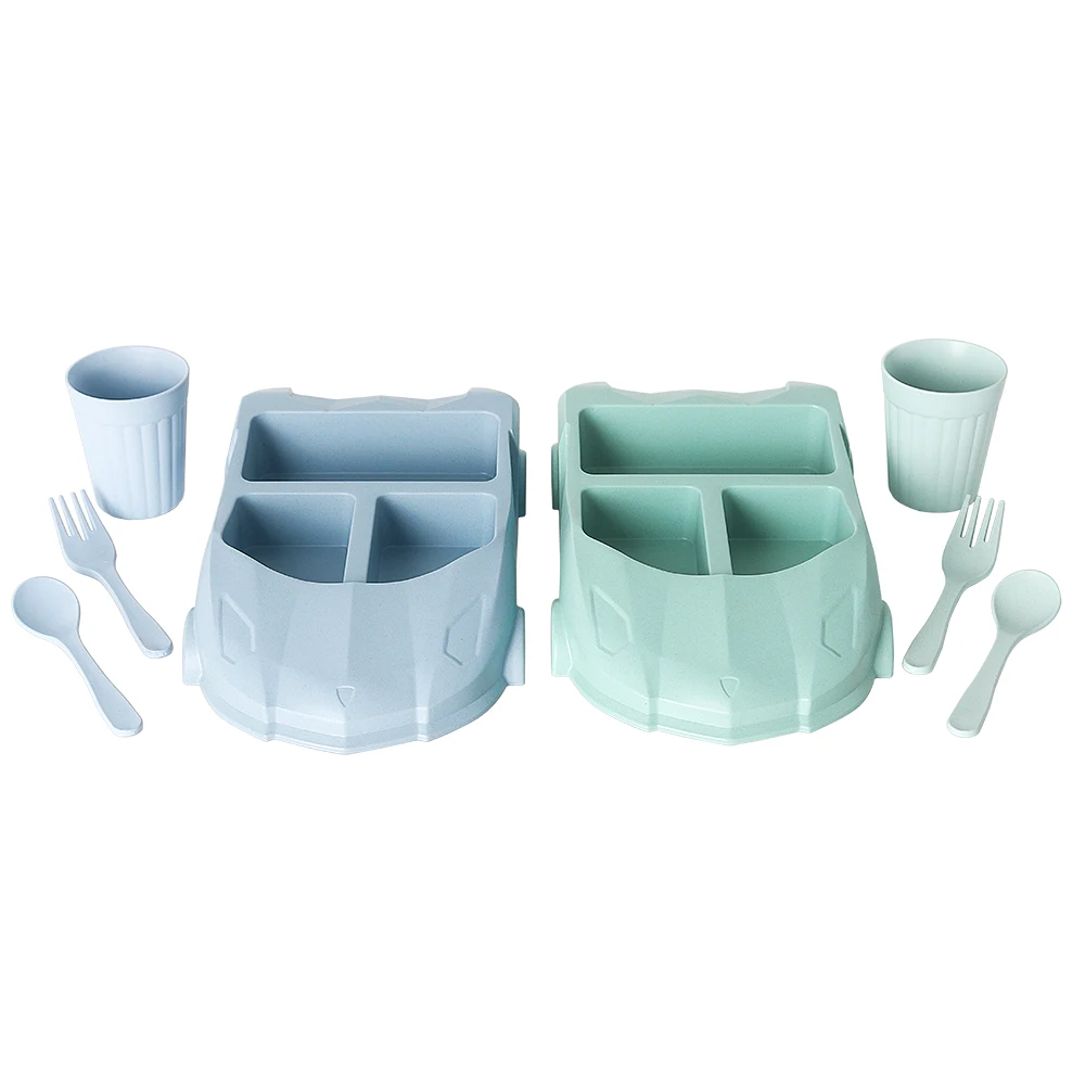 GZZT Baby Dish Tableware Set Car Shape Natural Bamboo Fiber Bowl with Cup Spoon Fork Health and Safety Lunch Box Blue Green