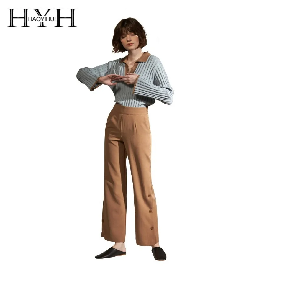 

HYH HAOYIHUI 2019 New Sweet Pure Girl V-shaped Collar Color Mosaic Sweater