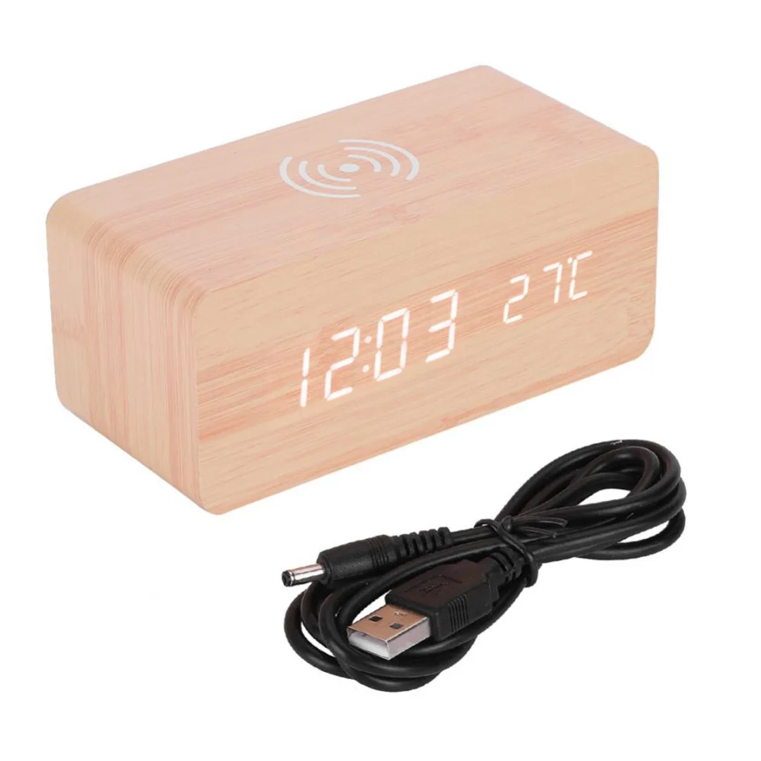 Creative Multicolor Sound Control Modern Wooden LED Digital Desk Alarm Clock + Fast Wireless Charger Table Decor