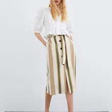 Женская льняная кисть для растушевки юбка с эластичной резинкой на талии, юбка в полоску; модные легкие туфли в Разделение длинные плиссированные юбки