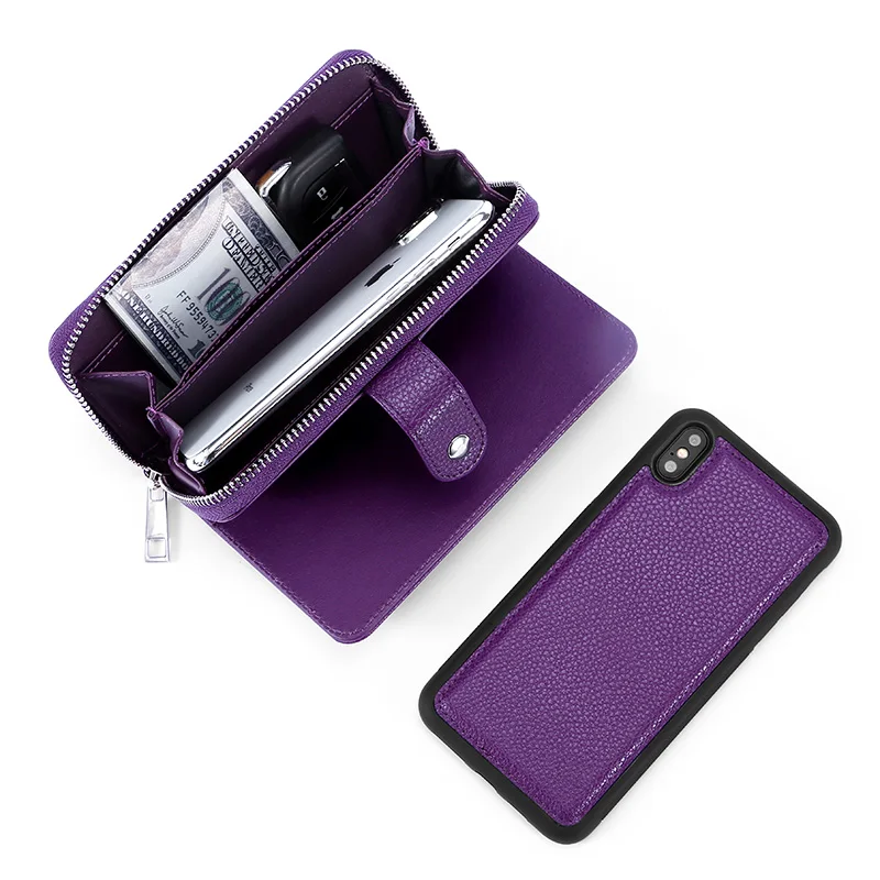 

MEGSHI leather detachable case for iPhone XR case 2 in 1 leather zipper bag for iPhone XS Max case Credit Card Wallet Case