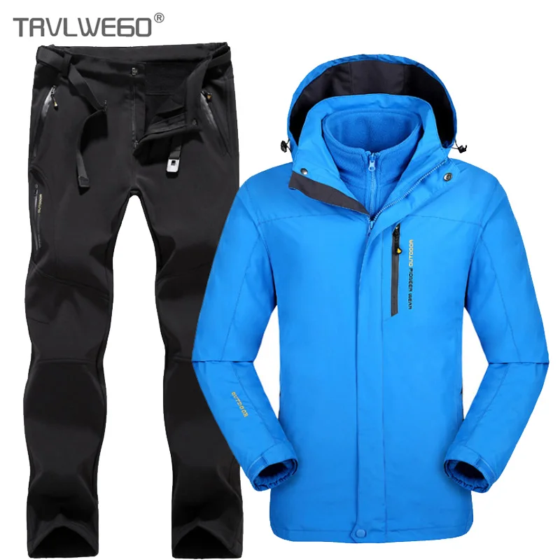 

TRVLWEGO Men Camping Hiking Jacket Pants 1 Set Outdoor Waterproof Windproof With Thicken Fleece Climbing Jackets&Pants 5XL