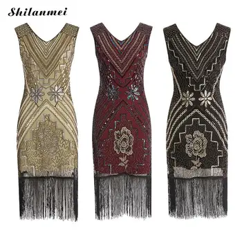 

Sequins Dress Women 1920s Great Gatsby Latin Dance Dress Flapper V Neck Beaded Party Vestidos Sleeveless Female Sexy Dresses