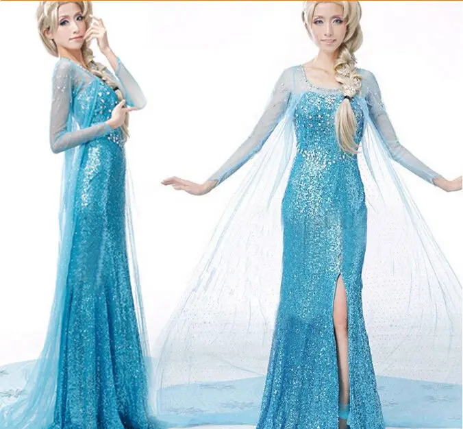 Hot Sales Elsa Queen Adult Women Dress Costume Cosplay Flowery Fancy Party Gown Dresses Vestido Blue
