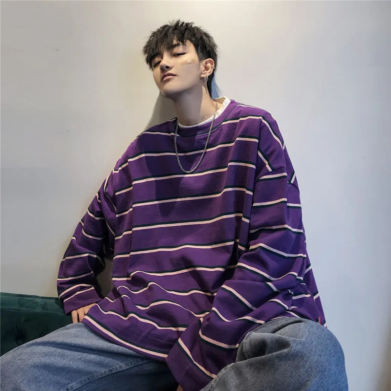 

2019 Spring Trends College Men's Long Sleeve Contrast Color Strips Two-color Casual Loose Small Fresh Round Neck Shirt