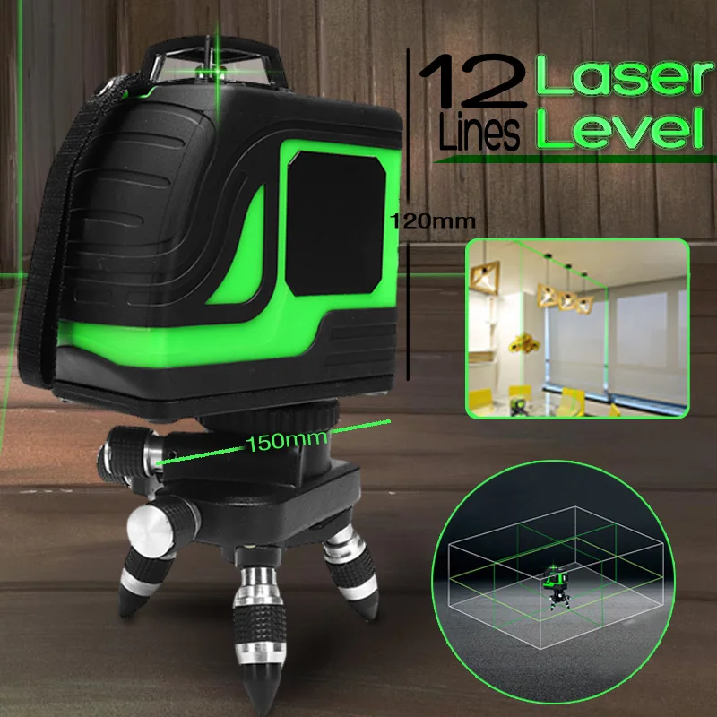 

12 Lines Green Cross Line Laser Level 808nm 3D 360 Degree Rotation Auto Leveling Horizontal Vertical Laser Beam Indoor/Outdoor