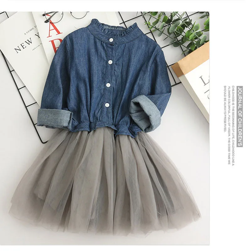 New Spring Autumn Baby Girls Dress Denim Mesh Patchwork Princess Girl Dress Long Sleeve Toddler Kids Dresses For Girls