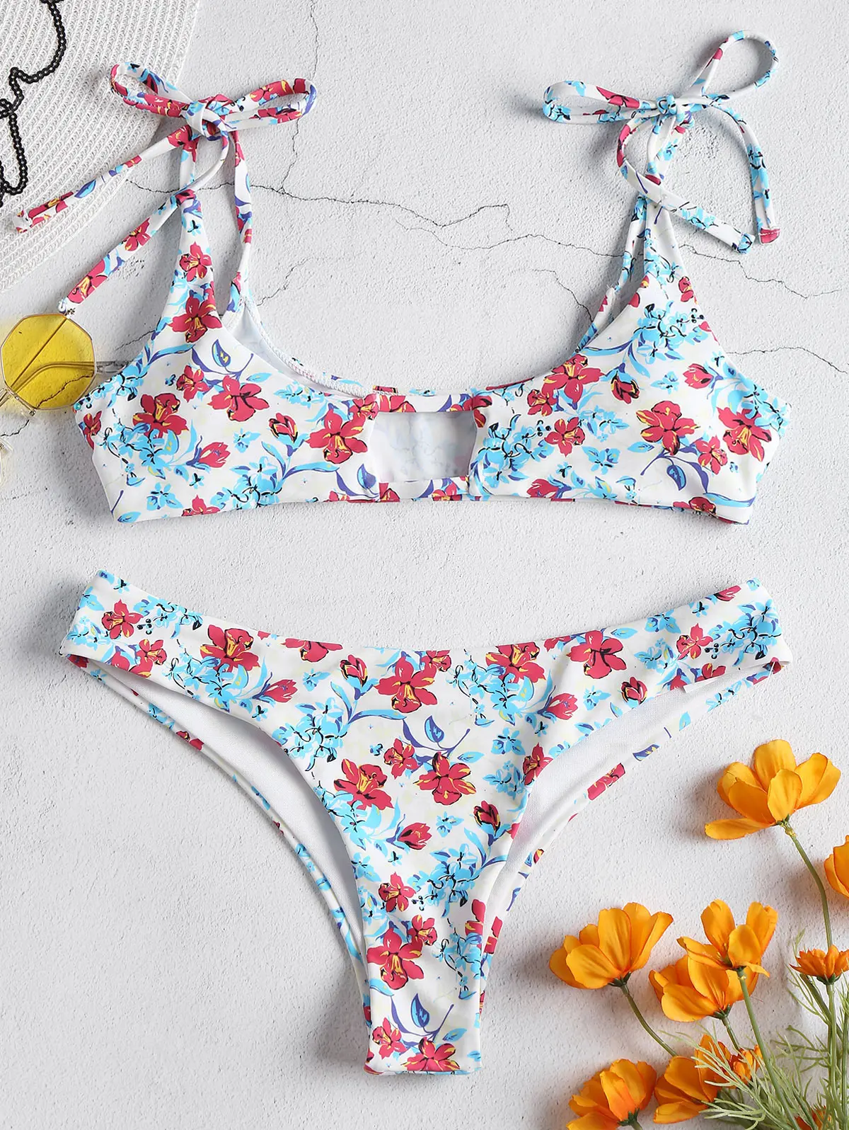

ZAFUL Floral Print Swimsuit Strap Side Tied Bikini Set Vintage Padded Swimwear Women Brazilian Biquinis Bathing Suit Femme