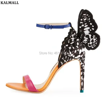 

KALMALL Candy Butterfly Wings Sandals Summer Patchwork High Heels Mixed Color Embroidered Strap Heels Party Dress Sandals Women