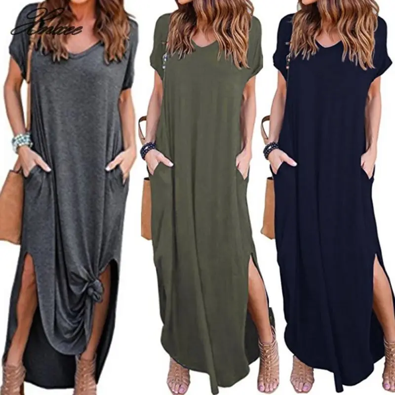 

Womens Loose Summer Beach Short Sleeves Floor-Length Long Dress