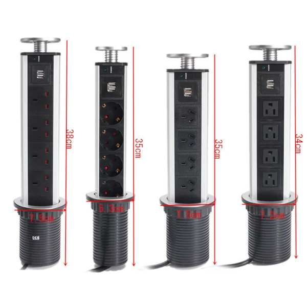 Beste 2500W US UK EU AU Plug Pull pop up Stopcontact 4 Power 2 lading USB Aluminium Plank LED Bureau Werkblad Extension Tafel Thuis