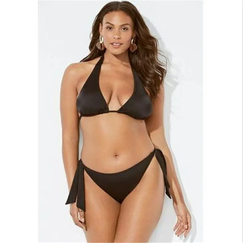

2019 Plus Size Solid Striped Bikini Set Low Waist Push Up Bandage Swimsuit Swimwear Large Size Bikini Women Bathing Suits 3XL