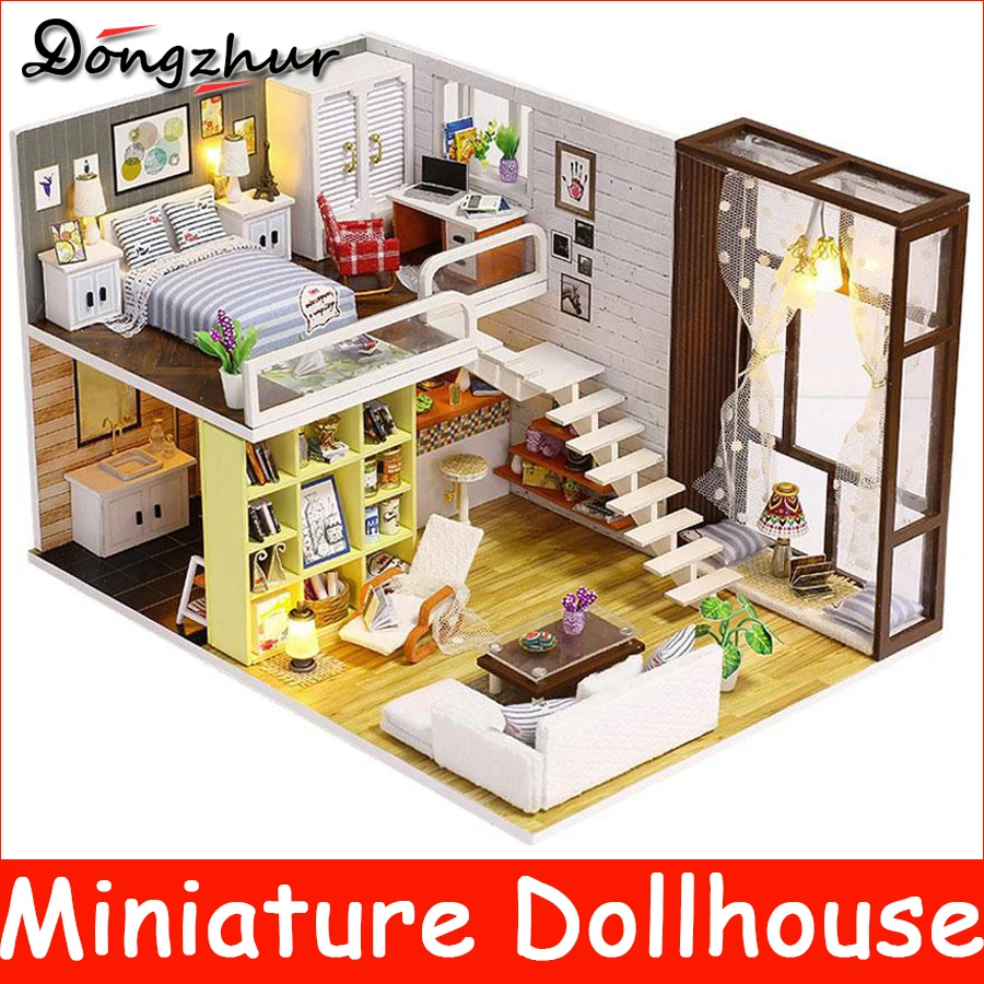 

Dongzhur New Doll House Miniature DIY Dollhouse With Furnitures LED Light Handmade Wooden House Toys For Children Gift DIY4818