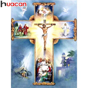 

HUACAN Full Square Diamond Painting Religion 5D Diamond Embroidery Christianity Jesus Cross Mosaic Rhinestone Decoration Home