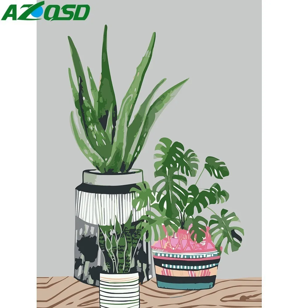 

AZQSD Modern DIY Flower Oil Painting By Numbers Green Plant Picture Wall Art Home Decor Hand Painted Canvas Flower Wall YHGC124