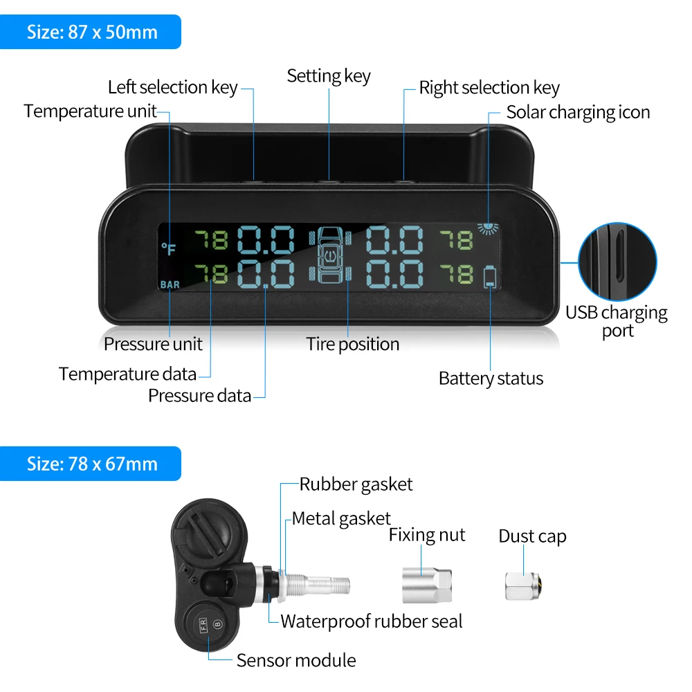 ZEEPIN C260 TPMS солнечная энергия жк-дисплей Система контроля давления в шинах с 4 внешними/внутренними датчиками давления в шинах