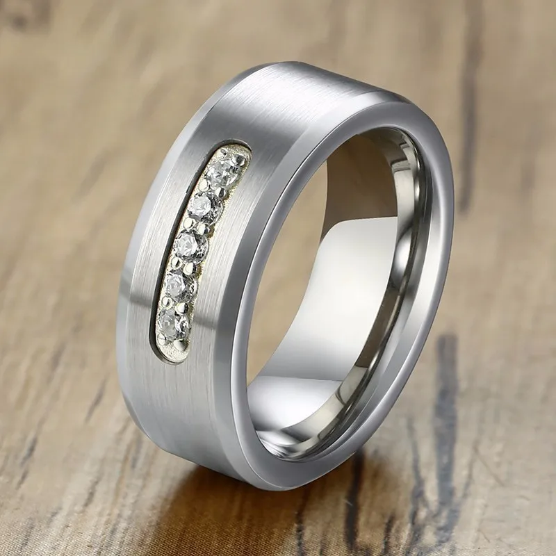 

Mens White CZ Inlay Wedding Band Silver Tone Tungsten Carbide Ring Center 5 Channel Set White Cubic Zirconia Eternity Jewelry