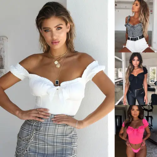 

Summer 2019 New Women Off Shoulder Casual solid color sheath Bralet Tank Top T-Shirt Crop Cami short Tops
