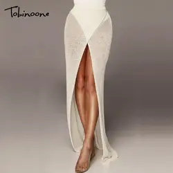 Tobinoone Новый 2019 высокий разрез пикантное юбка Boho пляжные летние для женщин выдалбливают сетчатая крючком вязаная одежда белые однотонные