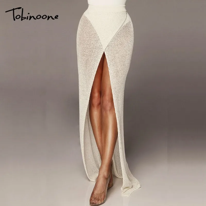 

Tobinoone New 2019 High Split Sexy Skirt Boho Beach Summer Women Hollow out Mesh Skirt Crochet Knit Wear White Solid Skirts