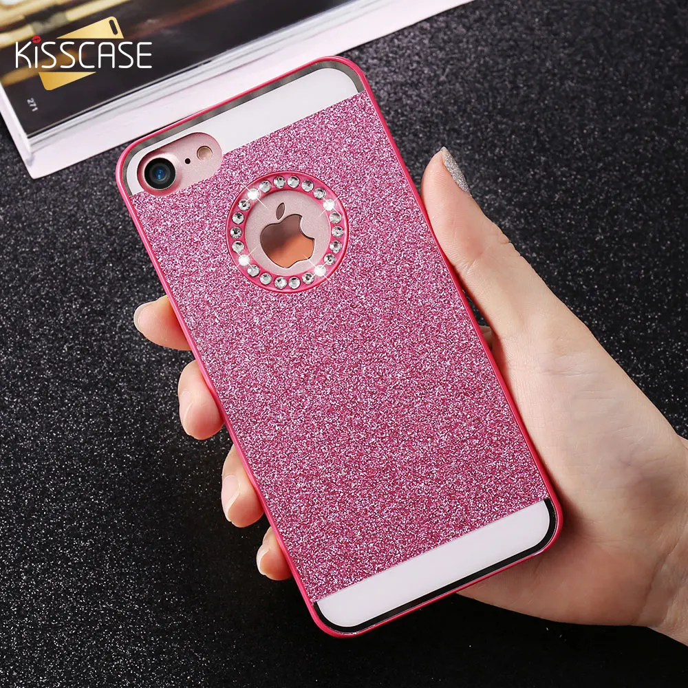 KISSCASE بريق بلينغ الماس الهاتف حقيبة لهاتف أي فون 4 S 5 5 S SE الفاخرة خزائن هاتف آيفون 7 6 6 S زائد الهاتف المحمول الصلب عودة يغطي