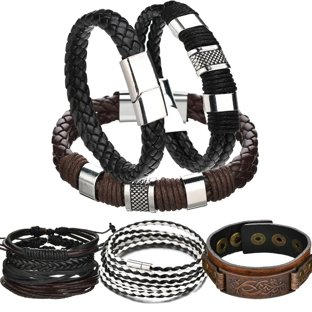 

MESTILO 5 Classic Men Bracelet 2019 Luxury Silver Plated Magnetic Leather Wrap Bracelets For Men Best Friend Bracelet&Bangle Set