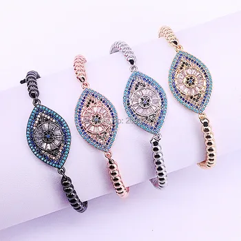 

8Pcs New Trendy Men Women Bracelets, Micro Pave CZ Eye Connectors & 4mm Round Beads Braiding Macrame Bracelet