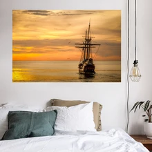 Sunset Sea Boat Tapestry Golden Evening Glow Clouds Gull Sky Home Decoration Print Cloth Curtain Throw