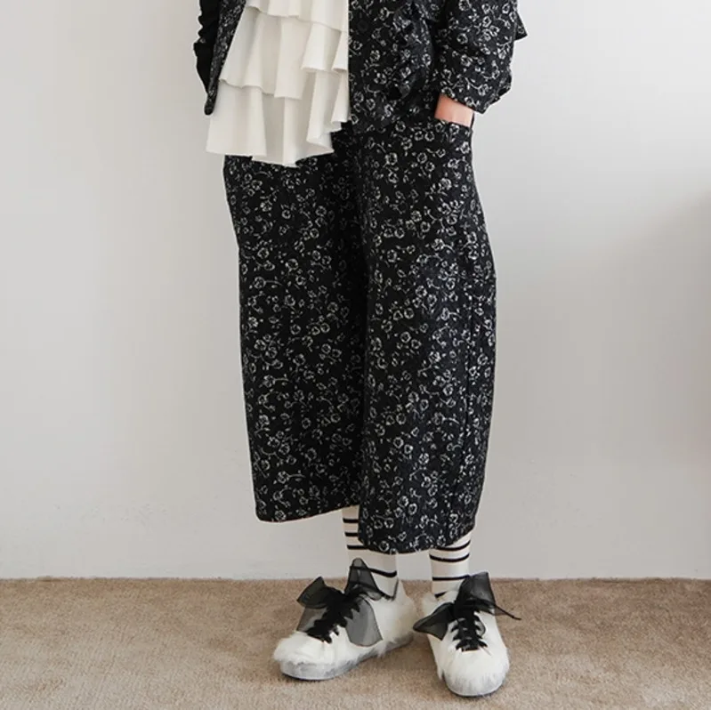Women 2019 Loose Elastic Waist Printing Nine Part Wide Leg