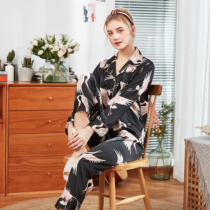 

New Pyjama Femme Spring Silk Pajamas Set For Women 2 Pieces Sleepewear Nightwear Suits Sleepwear Pants Home Clothes
