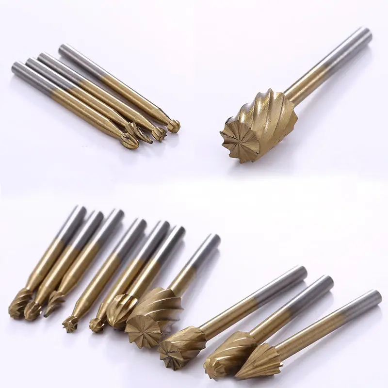 

10pcs/set 3mm HSS Titanium Burrs Rotary Files Set Milling Cutter Engraving Bit Tool