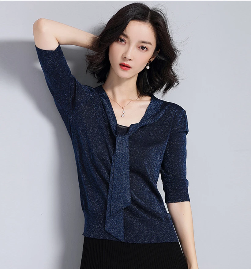 Spring and summer new style Bow streamer short sleeve Knitwear thin top Double bow tie top