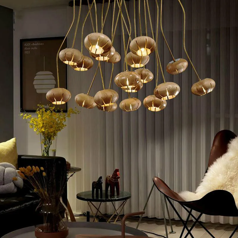 Modern Wood Round Ball Chandelier Lighting Cord DIY Large Nordic