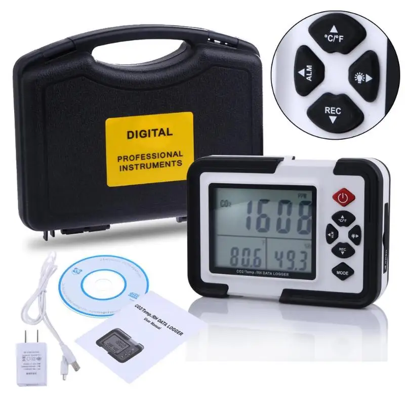 

HT-2000 Digital CO2 Monitor Meter Gas Analyzer Detector 9999ppm Analyzers with Temperature and Humidity Test