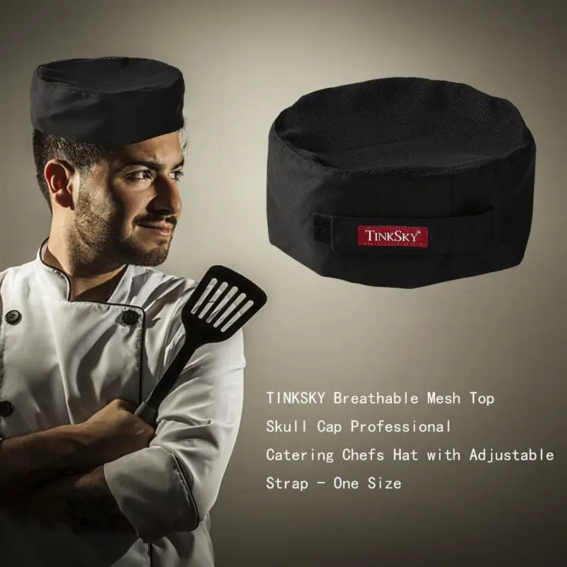 

TINKSKY Breathable Mesh Top Skull Cap Professional Catering Chefs Hat with Adjustable Strap - One Size (Black)