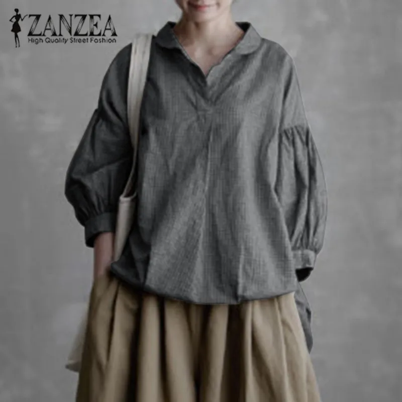 

2019 ZANZEA WomenVintage Lantern Sleeve Shirts V Neck Tunic Tops Casual Blouse Chemise Robe Solid Vintage Blusas Plus Size