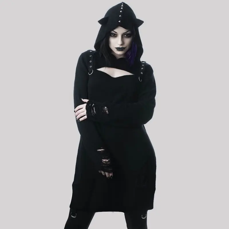 

Summer Gothic Black Sexy Club Punk Streetwear Casual Women Mini Dresses Bodycon Hooded Hole Rivet Hipster Female Goth Dress 2019
