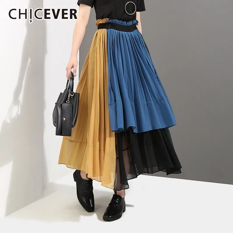 CHICEVER Elastische Hohe Taille Midi Rock Weibliche Hit Farben Patchwork Chiffon Lose Große Größe Casual Herbst Röcke Mode 2018 Neue