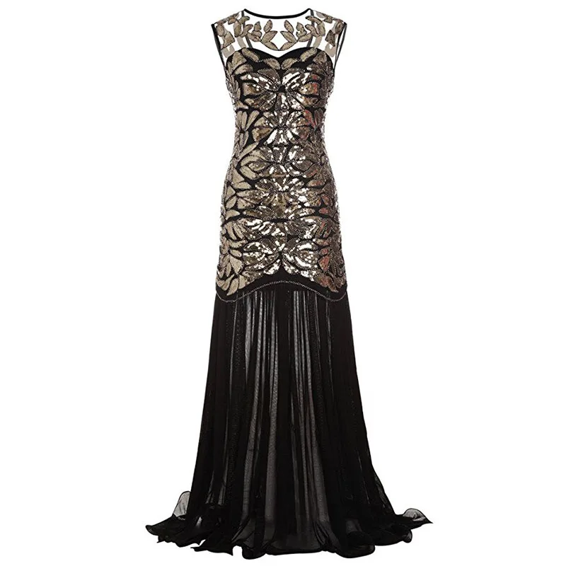 Sexy Women Sequined Long Gown Dress Sleeveless V Back Pearls Sequin ...