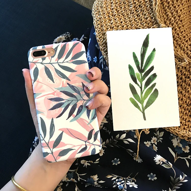 

Luxury Pink Green Leaves Coque for Iphone 7 Phone Cases for Iphone 6 S 6s 8 7 Plus 8plus Cartoon Back Cover Fundas