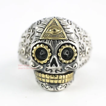 

925 Solid Sterling Silver Fashion JewelryBiker Rocker Punk Sugar Skull Skeleton size 6.5~ 10 Adjustable Ring Men A3713
