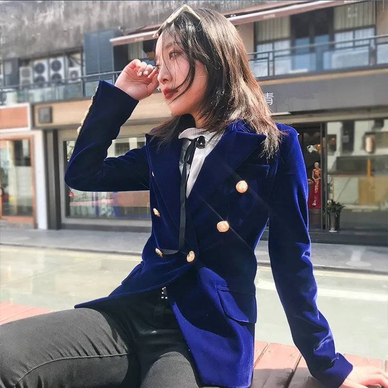 Fashion 2018 Women Double Breasted Velvet Blazers Autumn New Elegant Long Sleeve Blazer Coat Female Solid Coats