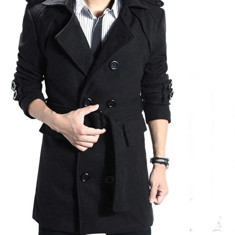 SWYIVY Men's Woolen Coat Long Lapel Thick Windbreaker Double Breasted Belt Long Male Winter Coat Fashion Business Casual Jacket SWYIVY Men's Woolen Coat Long Lapel Thick Windbreaker Double Breasted Belt Long Male Winter Coat Fashion Business Casual Jacket