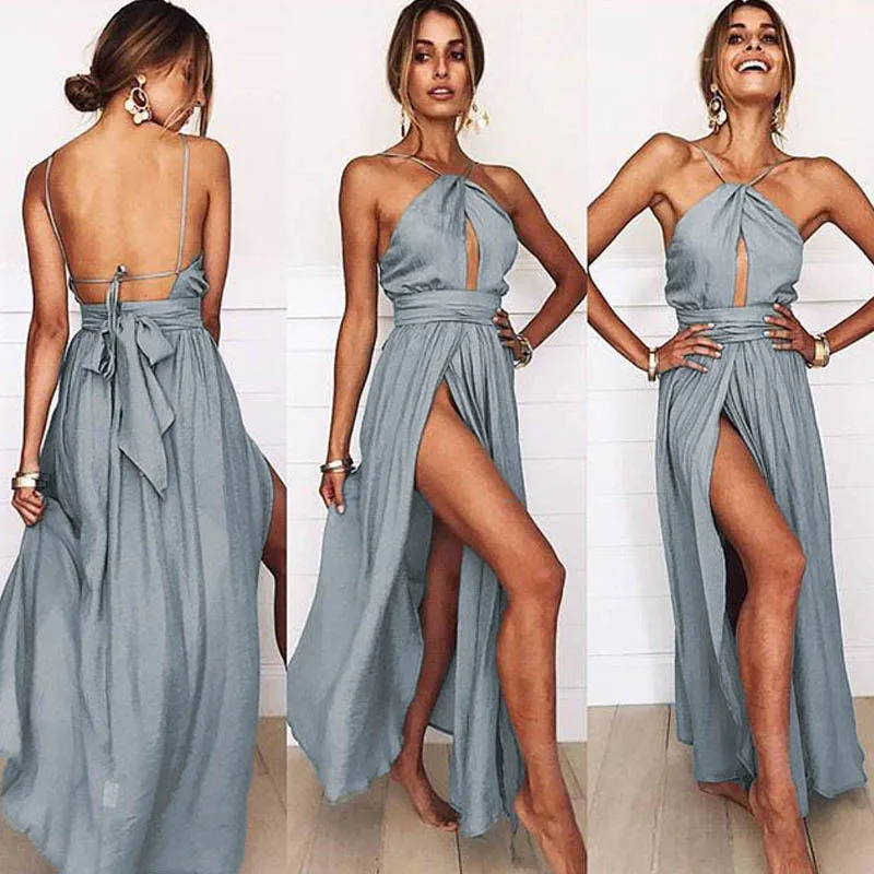 

Uguest Women Maxi Dress Hollow Out Open Back Split Spaghetti Strap Halter Summer Spring Vintage Bow Solid Pleated Dress Vestidos