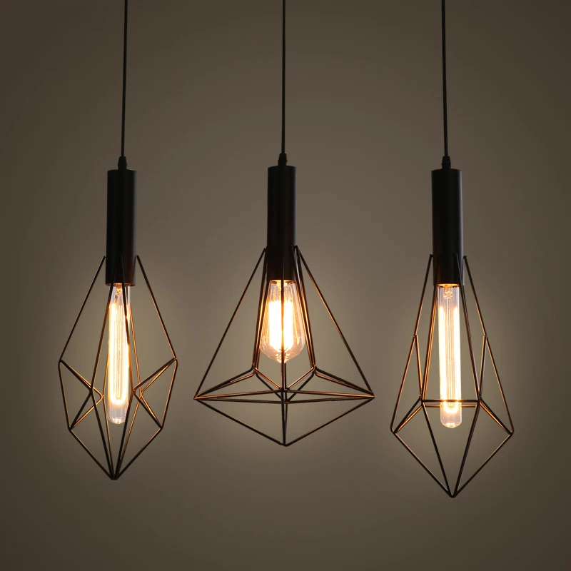 

Vintage Cage Hanging Pendant Lights iron minimalist retro Scandinavian loft pyramid pendant lamp metal Black Hanging Lamp
