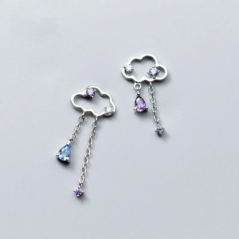 

asymmetric Earrings 100% REAL. 925 Sterling Silver Fine Jewelry P &Blue cz stone clouds Dangle Tassel Earrings