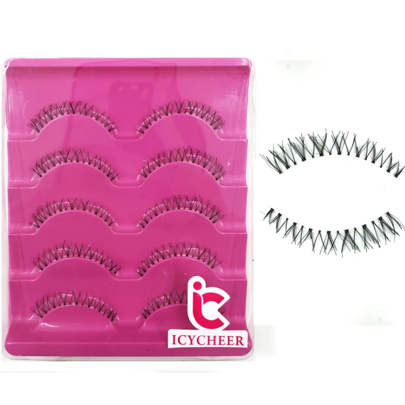 

ICYCHEER Handmade Soft Lower Eye Lashes Under Bottom Natural Cross False Eyelashes 5 Pairs Clear Strip Band Makeup Cosmetic