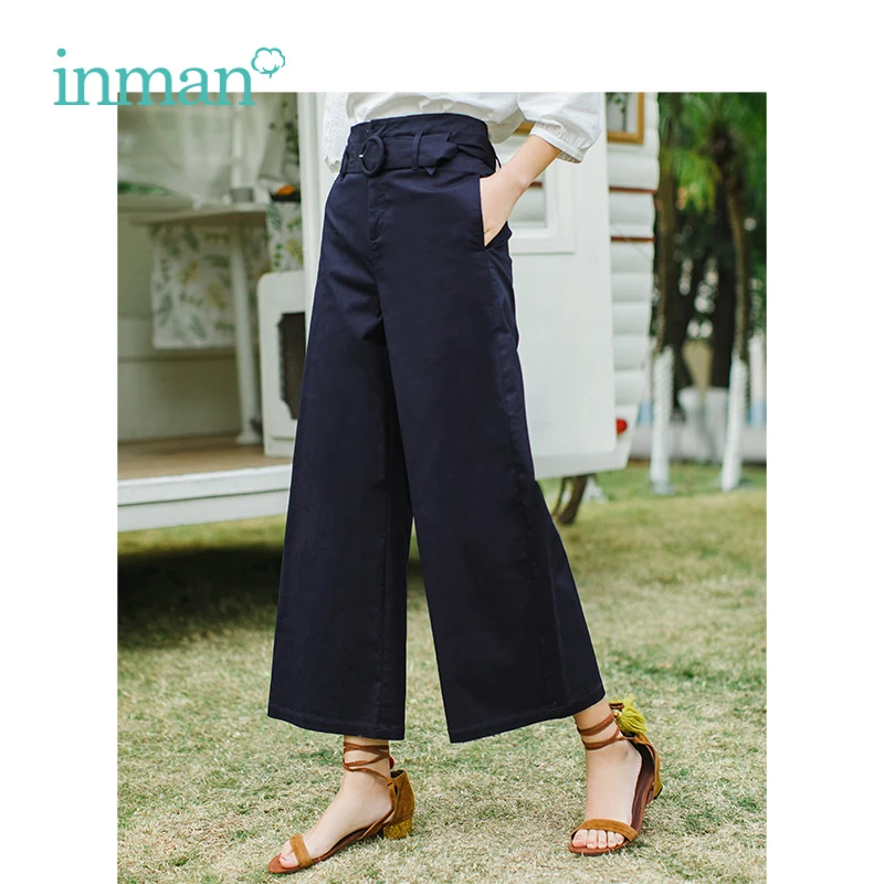 

INMAN 2019 Summer New Arrival High Waist Retro Hongkong Style With Belt All Matched Slim Women Loose Pants